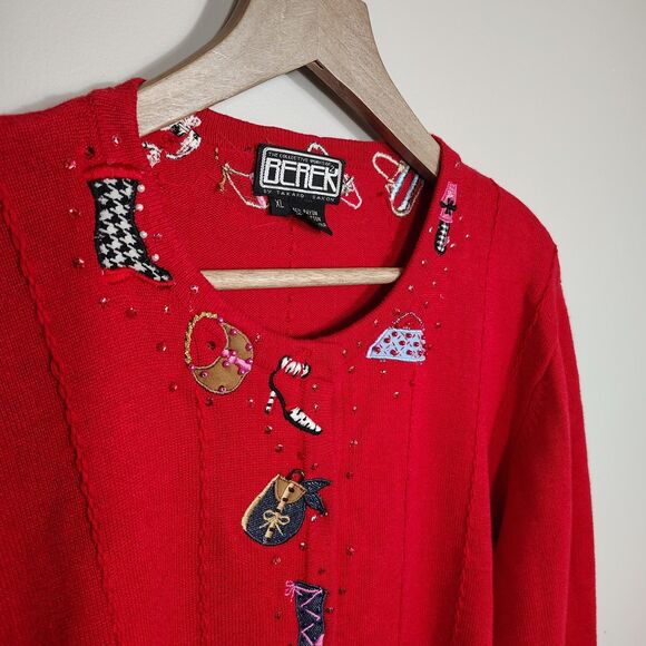 Vtg Berek 2 Sweater Cardigan Red Embellished Purse Shoes Sequins Artsy Size XL - Picture 2 of 13